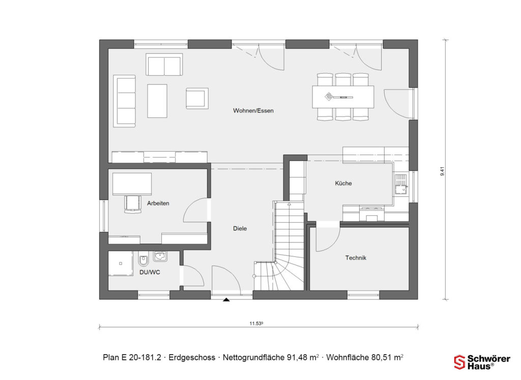 Grundriss Erdgeschoss Satteldach-Haus ohne Dachvorsprung