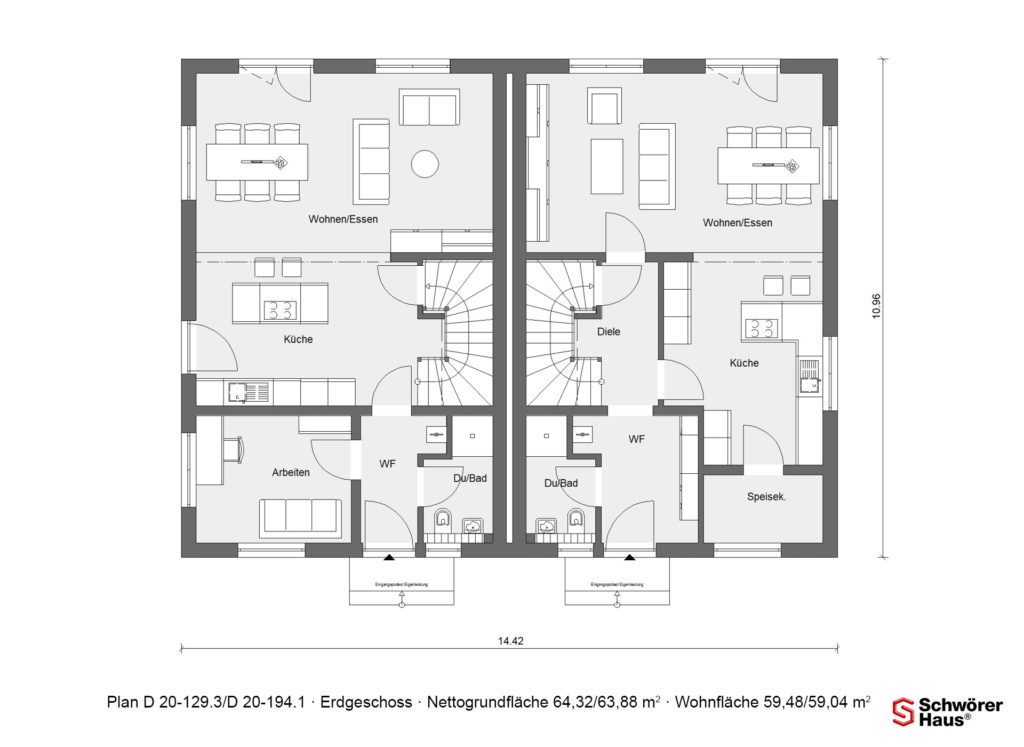 Grundriss modernes Doppelhaus Erdgeschoss