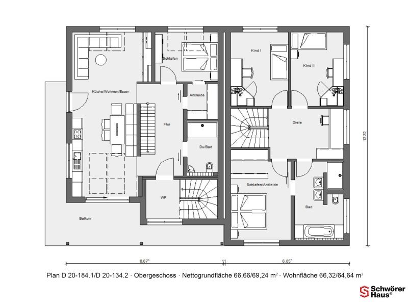 Landhausstil Doppelhaus Grundriss Obergeschoss